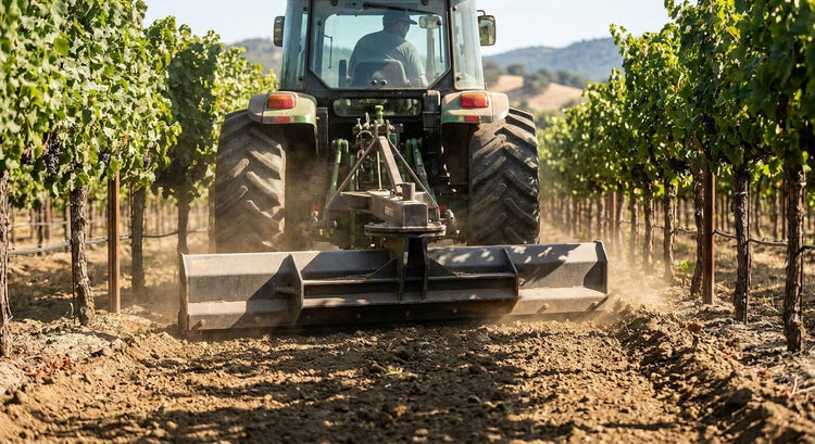 Tractor grader blade for vineyard row maintenance