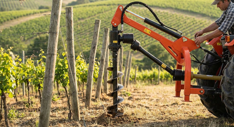 Post hole borer for vineyard trellis post installation