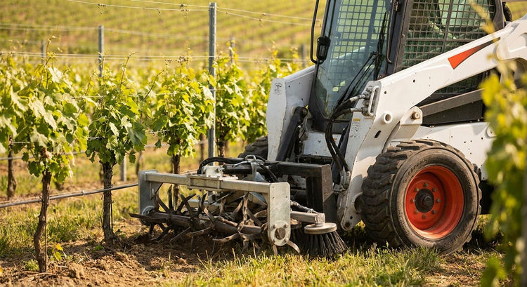 Skid steer attachments for vineyard undervine management