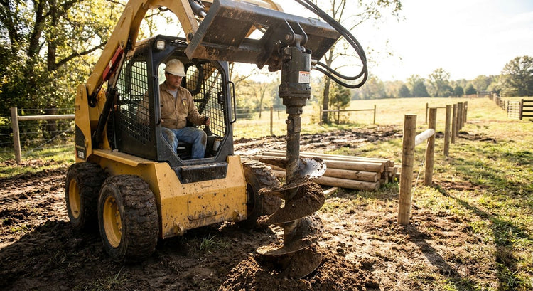 Post hole augers for skid steer loaders on fencing jobs